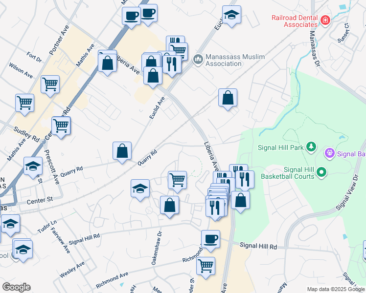 map of restaurants, bars, coffee shops, grocery stores, and more near 9500 Battery Heights Boulevard in Manassas