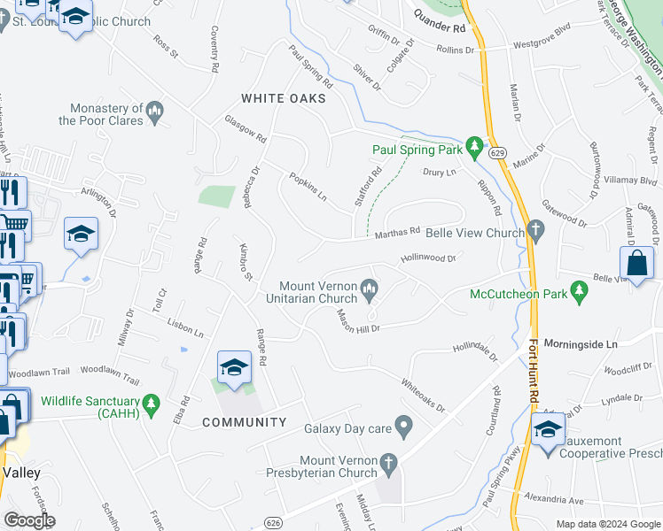 map of restaurants, bars, coffee shops, grocery stores, and more near 2010 Windmill Lane in Alexandria