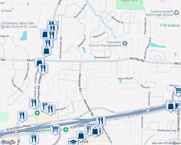 map of restaurants, bars, coffee shops, grocery stores, and more near 69 Sugar Ridge Court in St. Peters
