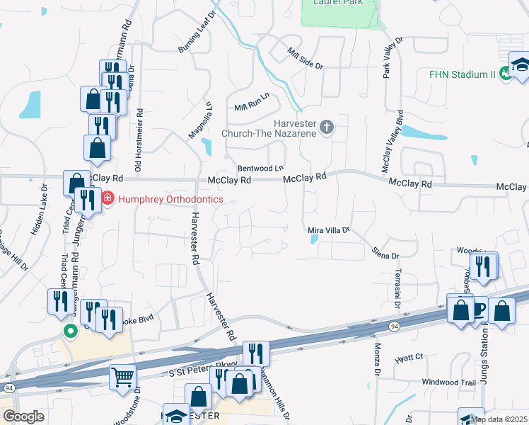 map of restaurants, bars, coffee shops, grocery stores, and more near 48 Marcus Drive in St. Peters