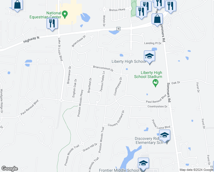 map of restaurants, bars, coffee shops, grocery stores, and more near 659 Country Village Drive in Lake Saint Louis