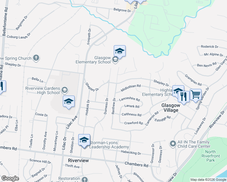 map of restaurants, bars, coffee shops, grocery stores, and more near 10436 Durness Drive in St. Louis