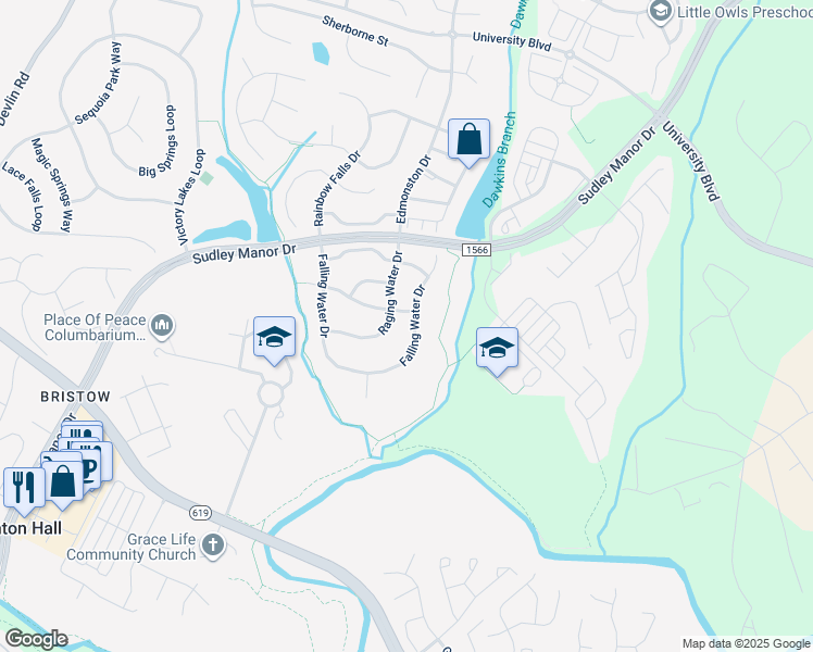 map of restaurants, bars, coffee shops, grocery stores, and more near 9339 Falling Water Drive in Bristow