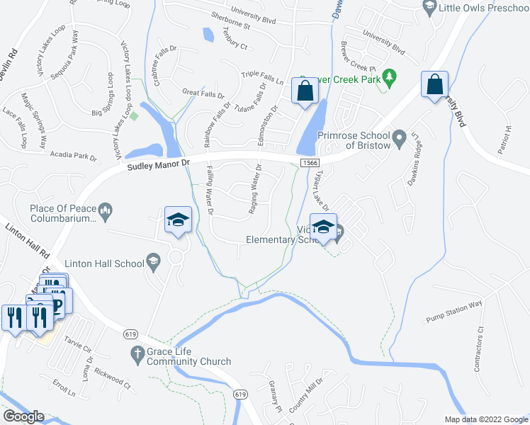 map of restaurants, bars, coffee shops, grocery stores, and more near 9339 Falling Water Drive in Bristow
