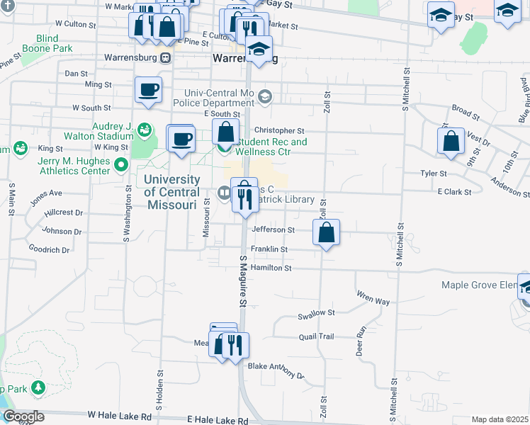 map of restaurants, bars, coffee shops, grocery stores, and more near 312 Jackson Street in Warrensburg