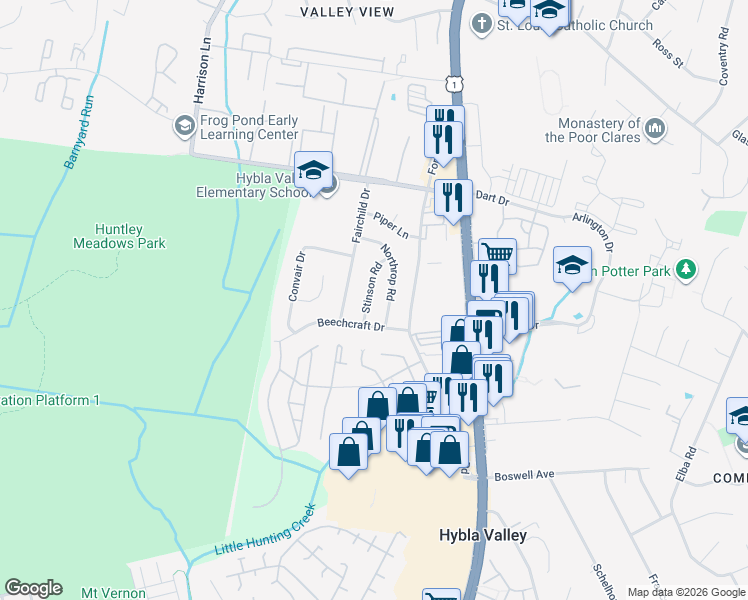 map of restaurants, bars, coffee shops, grocery stores, and more near 7415 Stinson Road in Alexandria