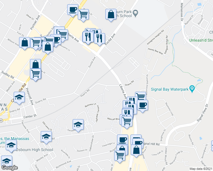 map of restaurants, bars, coffee shops, grocery stores, and more near Quarry Rd & Battery Heights Blvd in Manassas