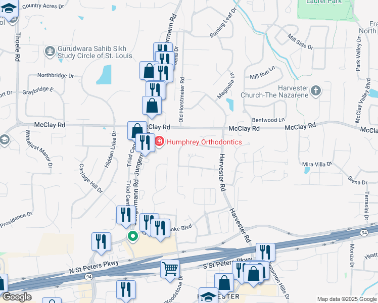 map of restaurants, bars, coffee shops, grocery stores, and more near 83 Harvest Brown Court in Saint Peters