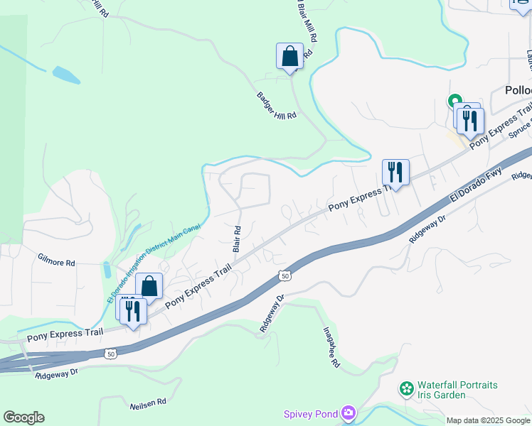 map of restaurants, bars, coffee shops, grocery stores, and more near 5830 Ritz Road in Pollock Pines