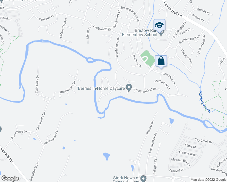 map of restaurants, bars, coffee shops, grocery stores, and more near 9231 Bowers Brook Place in Bristow