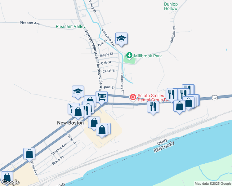 map of restaurants, bars, coffee shops, grocery stores, and more near 4301 Gallia Street in New Boston