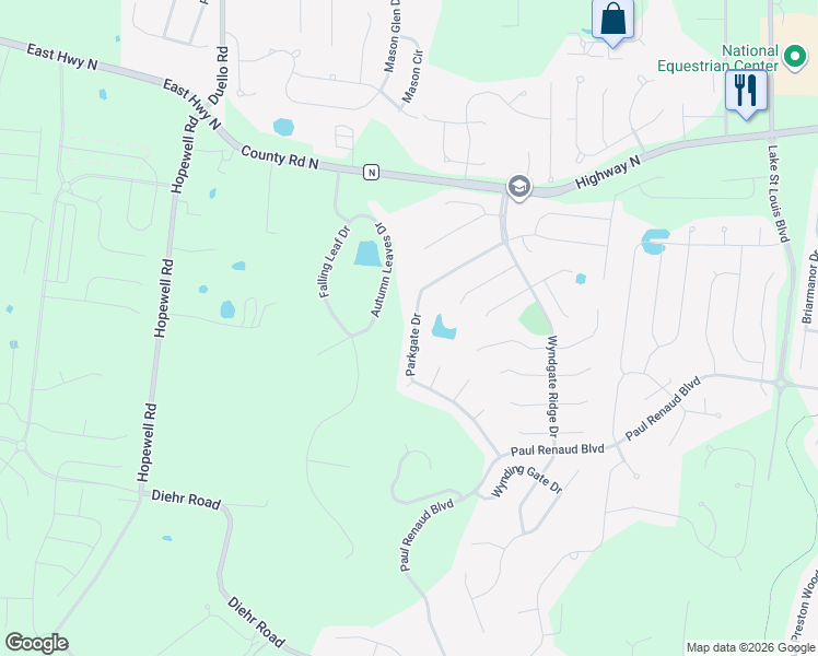 map of restaurants, bars, coffee shops, grocery stores, and more near 471 Parkgate Drive in Lake Saint Louis