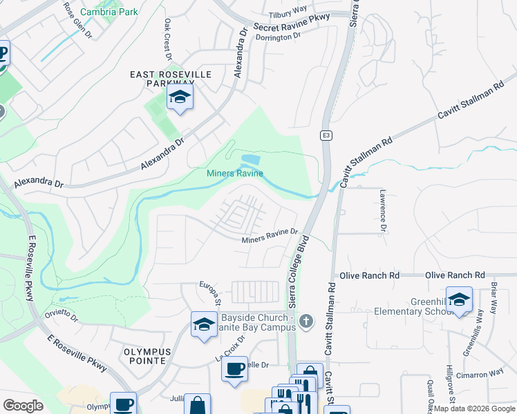 map of restaurants, bars, coffee shops, grocery stores, and more near 83 Huddlestone Circle in Roseville