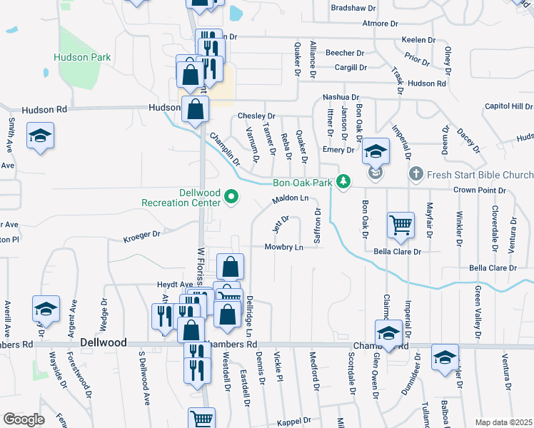 map of restaurants, bars, coffee shops, grocery stores, and more near 1618 Maldon Lane in St. Louis