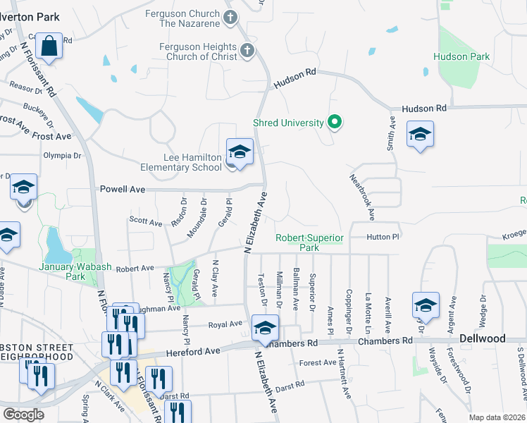 map of restaurants, bars, coffee shops, grocery stores, and more near 513 Larkin Avenue in Ferguson