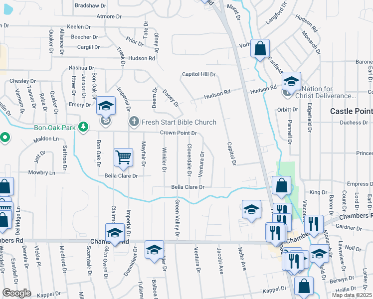 map of restaurants, bars, coffee shops, grocery stores, and more near 10171 Cloverdale Drive in St. Louis