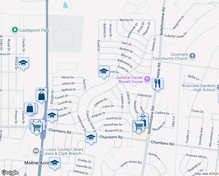 map of restaurants, bars, coffee shops, grocery stores, and more near 10237 Coburg Lands Drive in St. Louis
