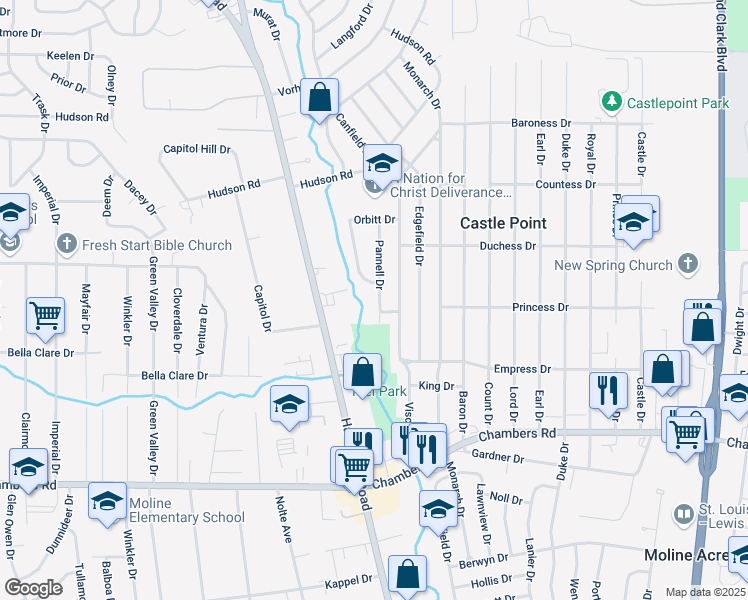 map of restaurants, bars, coffee shops, grocery stores, and more near 10205 Pannell Drive in St. Louis