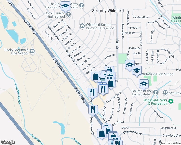 map of restaurants, bars, coffee shops, grocery stores, and more near 117 Esther Drive in Colorado Springs