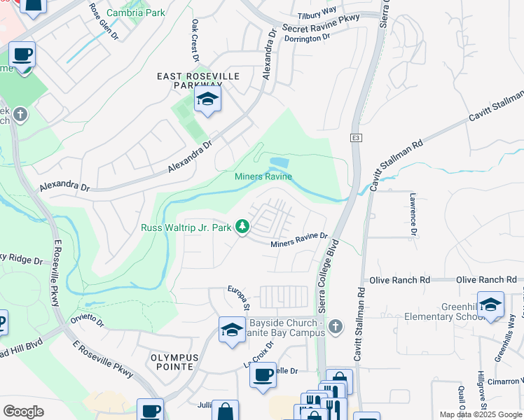 map of restaurants, bars, coffee shops, grocery stores, and more near 42 Huddlestone Circle in Roseville
