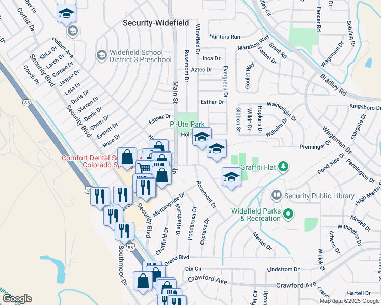 map of restaurants, bars, coffee shops, grocery stores, and more near 713 Rosemont Drive in Colorado Springs