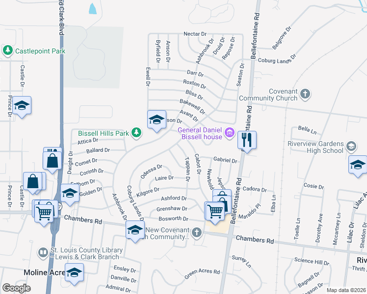map of restaurants, bars, coffee shops, grocery stores, and more near 10232 Tappan Drive in St. Louis