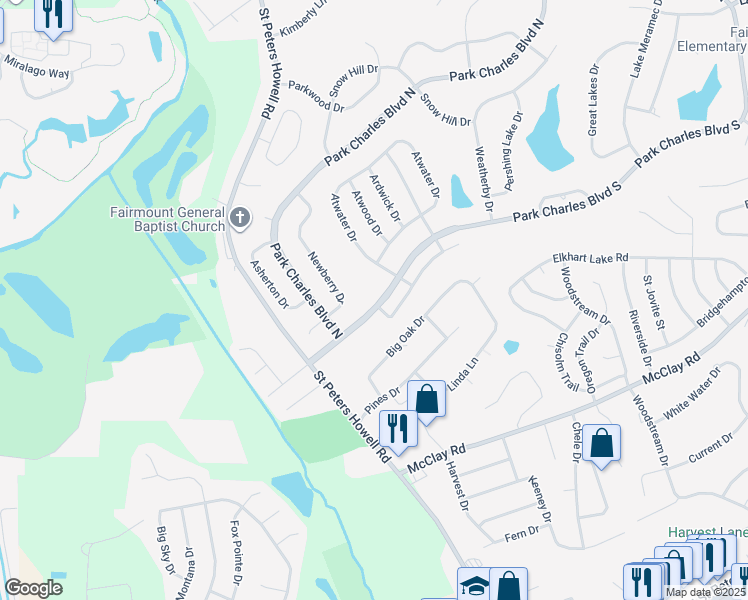 map of restaurants, bars, coffee shops, grocery stores, and more near 22 Park Charles Boulevard South in St. Peters