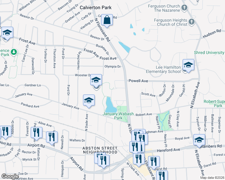 map of restaurants, bars, coffee shops, grocery stores, and more near 226 Eddy Avenue in Ferguson