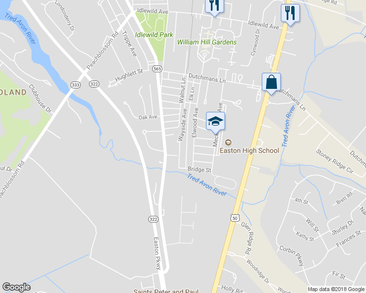 map of restaurants, bars, coffee shops, grocery stores, and more near 722 Wayside Avenue in Easton