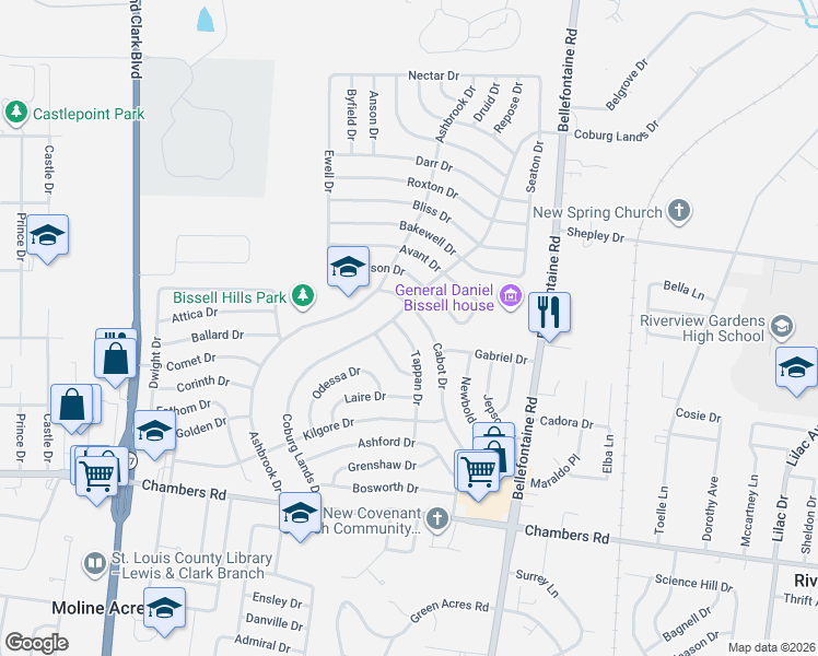 map of restaurants, bars, coffee shops, grocery stores, and more near 10232 Tappan Drive in St. Louis