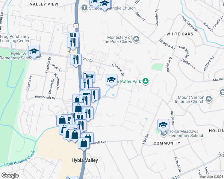 map of restaurants, bars, coffee shops, grocery stores, and more near 2720 Arlington Drive in Alexandria