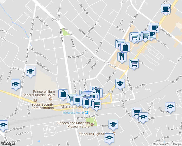 map of restaurants, bars, coffee shops, grocery stores, and more near 9115 Main Street in Manassas