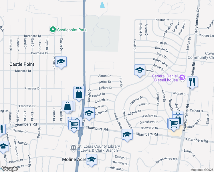 map of restaurants, bars, coffee shops, grocery stores, and more near 1441 Ballard Drive in St. Louis