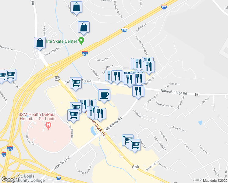 map of restaurants, bars, coffee shops, grocery stores, and more near 12380 Natural Bridge Road in Bridgeton
