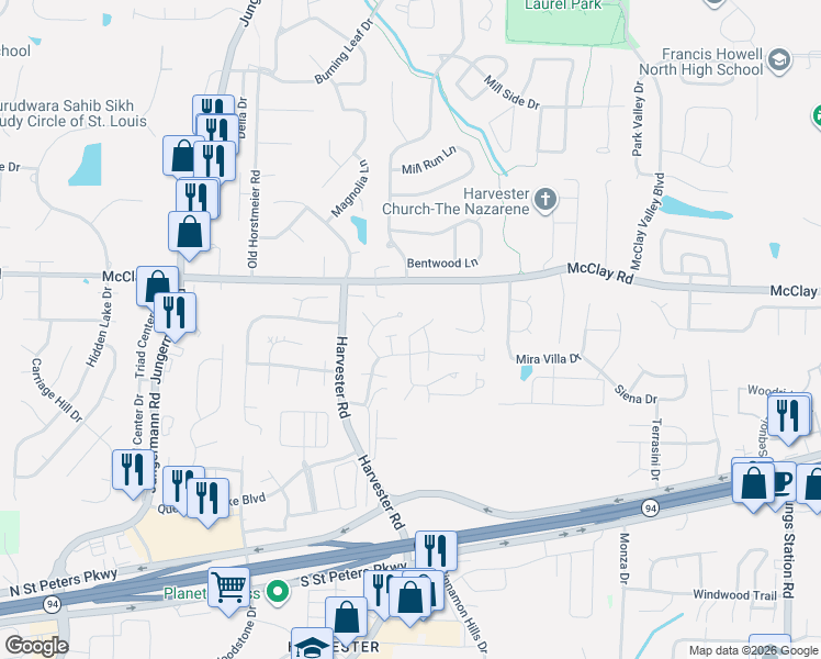 map of restaurants, bars, coffee shops, grocery stores, and more near 931 Sugar Lake Court in St. Peters