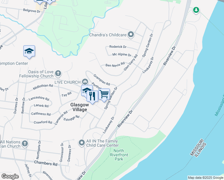 map of restaurants, bars, coffee shops, grocery stores, and more near 10537 Spring Garden Drive in St. Louis