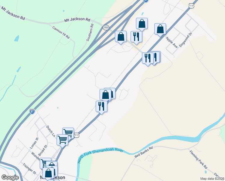 map of restaurants, bars, coffee shops, grocery stores, and more near 5519 Main Street in Mount Jackson
