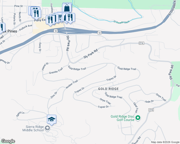 map of restaurants, bars, coffee shops, grocery stores, and more near 3217 Amber Trail in Pollock Pines