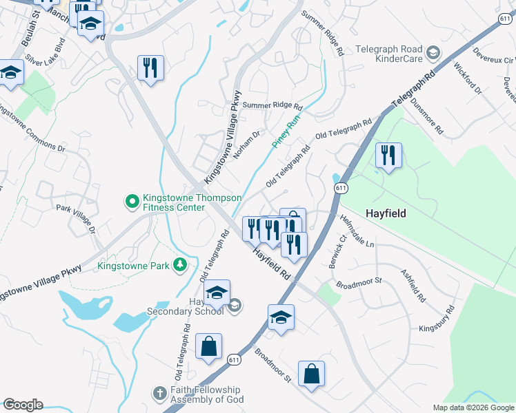 map of restaurants, bars, coffee shops, grocery stores, and more near 7510 Manigold Court in Alexandria