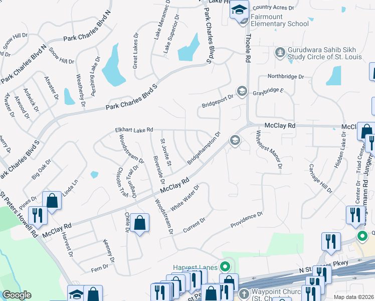 map of restaurants, bars, coffee shops, grocery stores, and more near 613 Watkins Glen Drive in Saint Charles