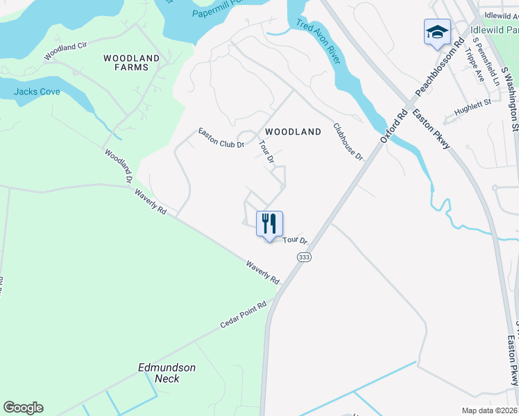 map of restaurants, bars, coffee shops, grocery stores, and more near 28504 Woods Drive in Easton