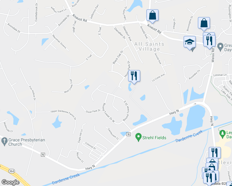 map of restaurants, bars, coffee shops, grocery stores, and more near 353 Round Tower Drive East in Cottleville