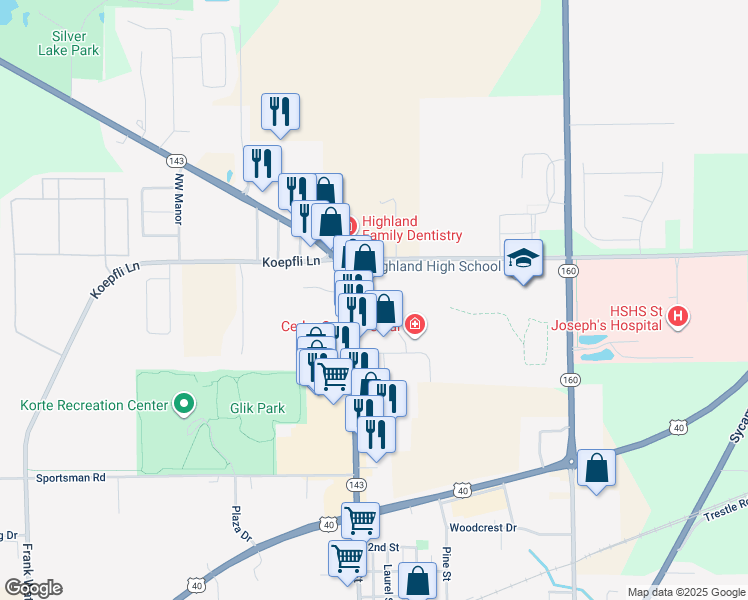 map of restaurants, bars, coffee shops, grocery stores, and more near 2774 Illinois 143 in Highland