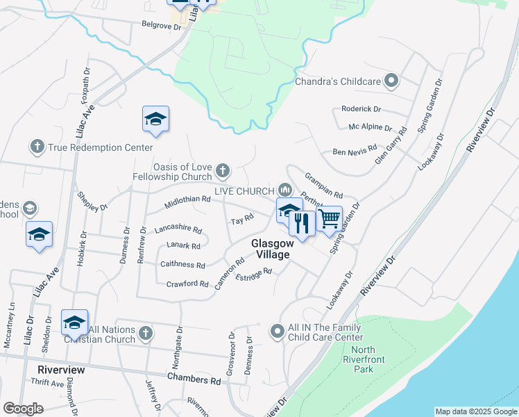 map of restaurants, bars, coffee shops, grocery stores, and more near 223 Midlothian Road in St. Louis