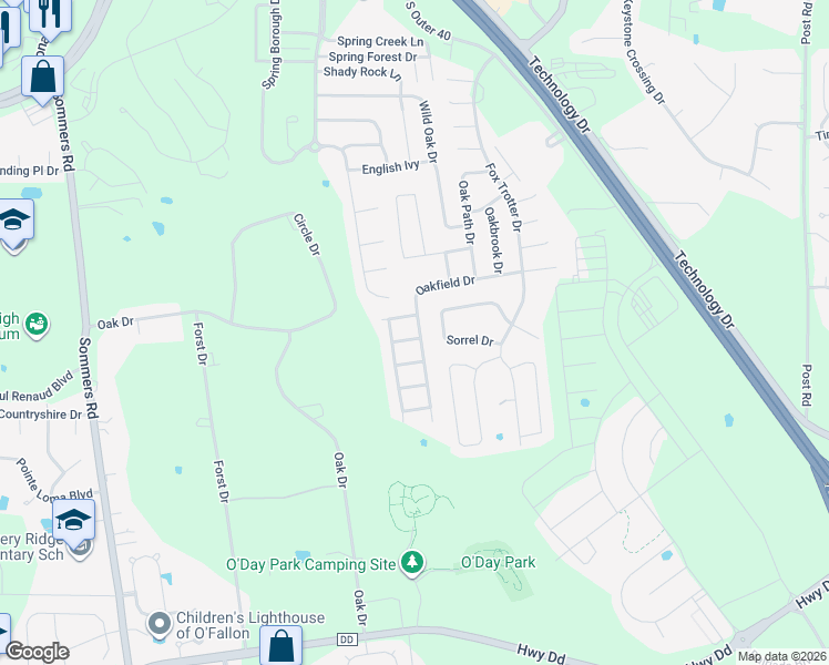map of restaurants, bars, coffee shops, grocery stores, and more near 21 Oak Creek Drive in O'Fallon