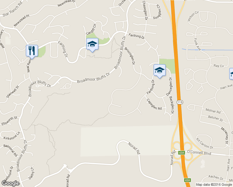 map of restaurants, bars, coffee shops, grocery stores, and more near 6470 Farthing Drive in Colorado Springs