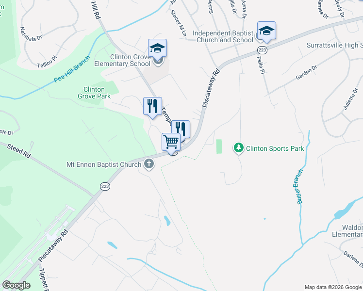 map of restaurants, bars, coffee shops, grocery stores, and more near 9717 Temple Hill Road in Clinton