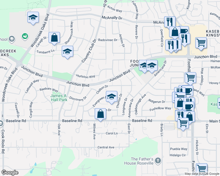 map of restaurants, bars, coffee shops, grocery stores, and more near 1712 Chilton Drive in Roseville