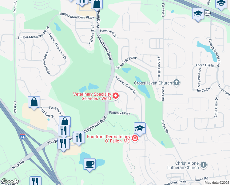 map of restaurants, bars, coffee shops, grocery stores, and more near 128 Bayhill Village Drive in O'Fallon