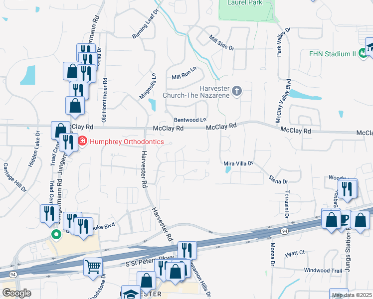 map of restaurants, bars, coffee shops, grocery stores, and more near 48 Marcus Drive in St. Peters